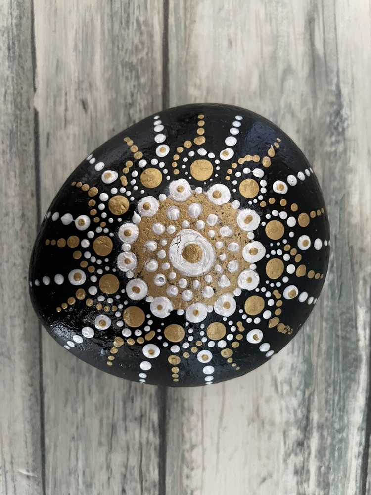 Artisan Hand Painted Rock | Mandala Gold + Pearl White Dot Art