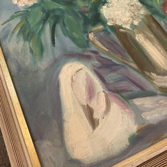 1960s Still Life Flowers Oil Painting Original Floral Vase Madonna MCM 22” X 18”