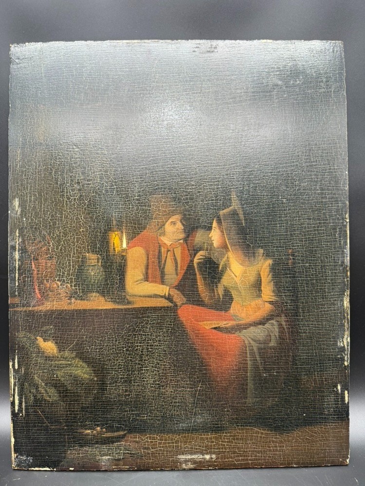 Antique Italian 19thC Oil Painting Tavern Scene Couple Candlelight on Panel
