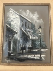 Vintage Hand-Painted European Street Scene Framed Art Christmas 1973