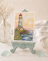 Harbor of Hope -ACEO Original Watercolor Lighthouse Painting OOAK card Christ