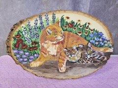 Vintage Hand Painted Cat Family on Wood Slice Rustic Cottagecore Wall Art Signed