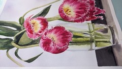 Pink Tulips Floral Watercolor Painting Flowers in Vase Romantic Botanical Art