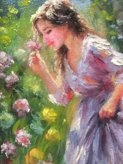 Original Oil Painting in Frame Girl and Flowers Miniature 6x4in