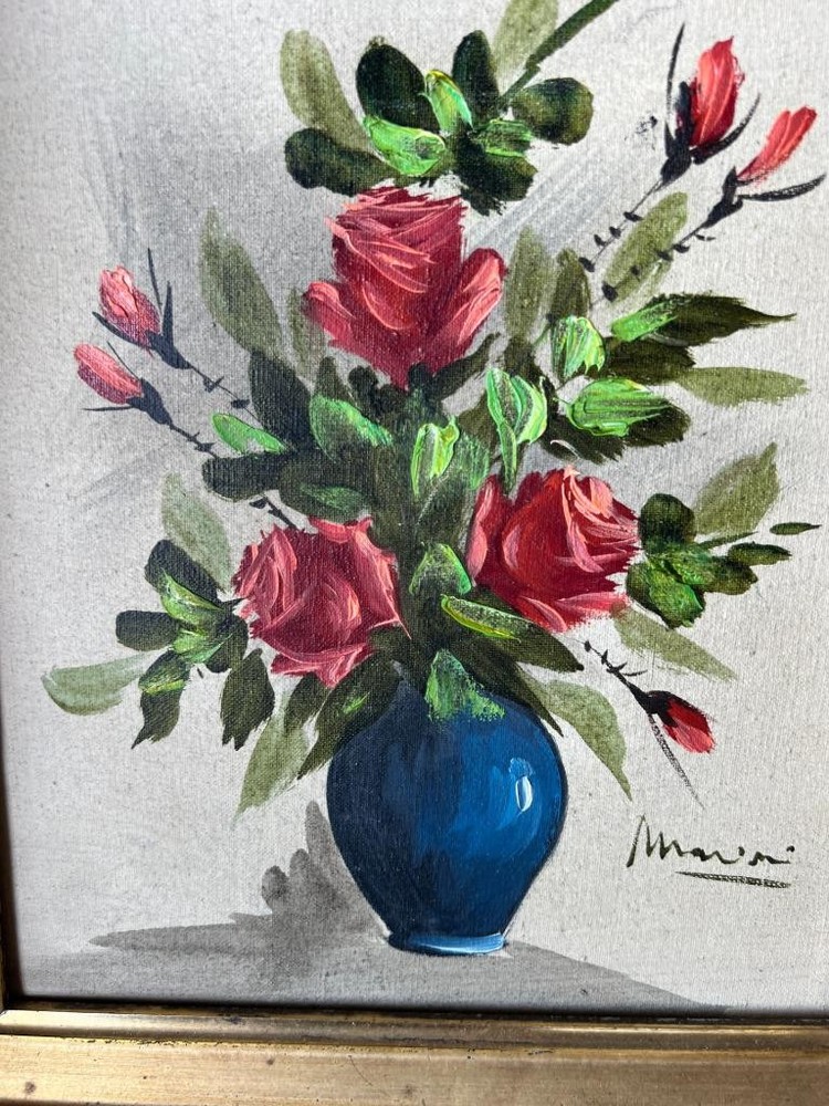 Old Vintage Signed Floral Oil Painting Still Life Flowers Antique Picture Frame