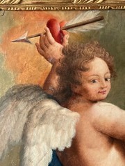 Antique Italian Oil Painting Cupid Eros 19th Century Baroque Portrait Framed