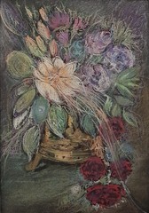 Pink Red Roses Gold Vase Original Cottagecore Dry Pastel Painting 8.3×11.4 in