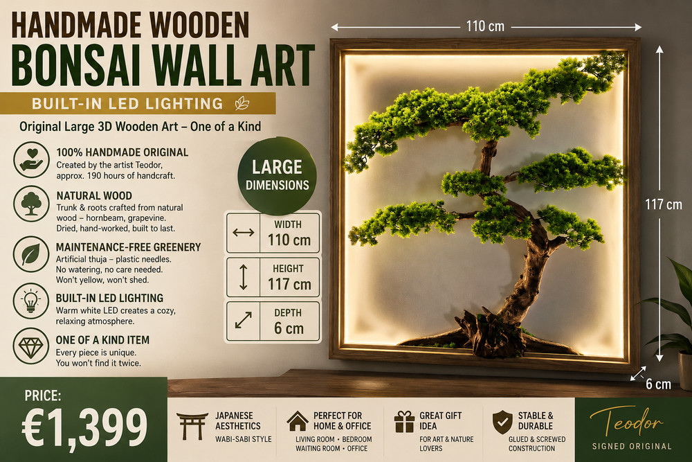 Large 3D Wooden BONSAI Art 110×117 cm – Handmade, Natural Wood, LED