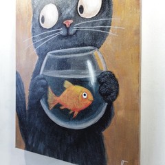 Original Acrylic Painting Funny Black Cat Goldfish Bowl Canvas Humor Wall Art