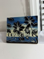 Vintage Tropical Island Beach Painting Signed Carty Palm Trees Folk Art Canvas