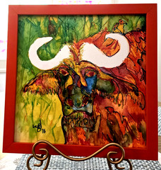 Original Signed Water Buffalo Framed Art Piece, Colorful Folk Expressionist 2016