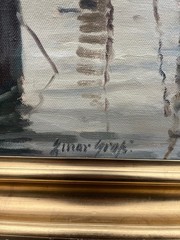 Impressionist Einar Gross 1895-1962 Boats in City Harbour Oil Painting, Framed