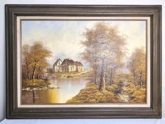 Large Framed Oil Painting Autumn Landscape Cottage Lake Signed Williams 44×32″