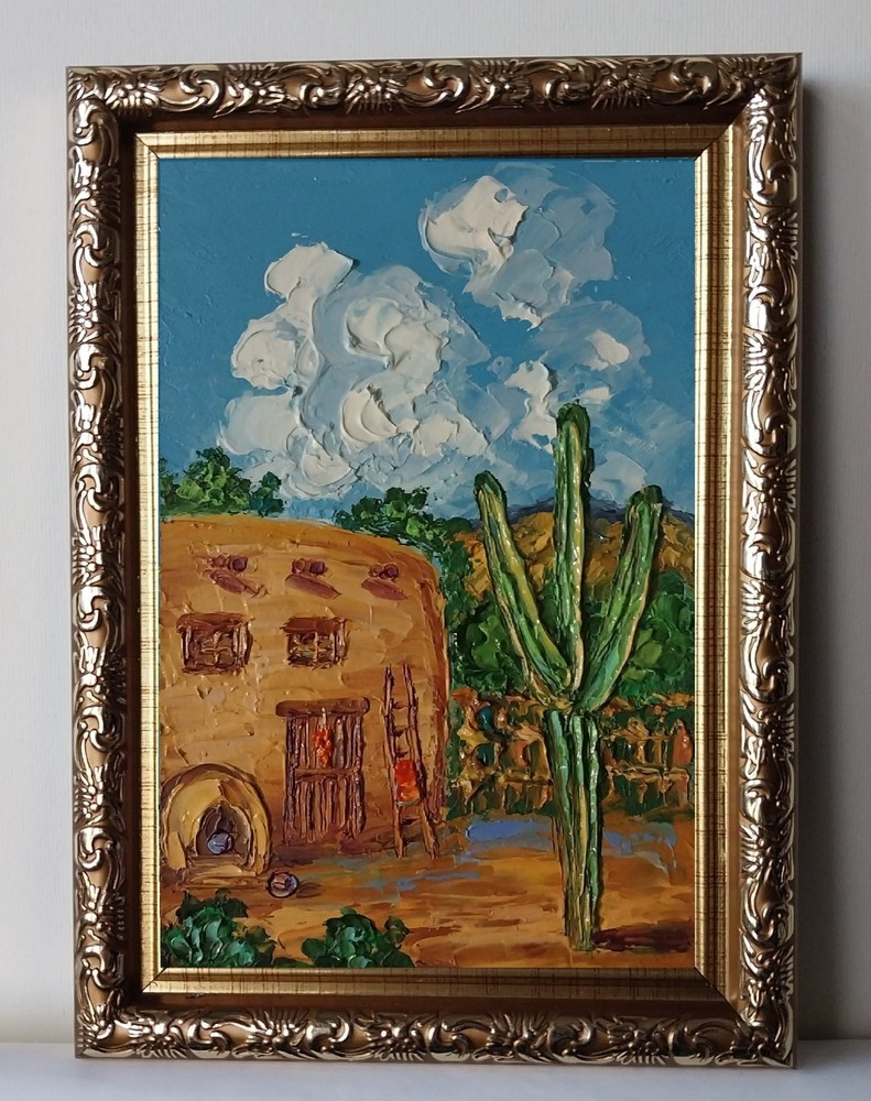Framed Southwest Old House Arizona Desert Cactus Art 4×6″ Oil Painting Original