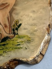 Vintage Signed Hand Painted Pig And Butterfly On Slice Of Agate Stone 1985