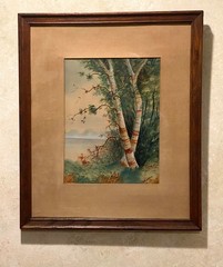 H. E. Loveless orig antiq watercolor gouache Birch Tree on the Lake 18.5 x 15.75