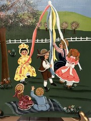 Folk Art Oil Painting on Wood Board “Children Playing Village Farmhouse Scene