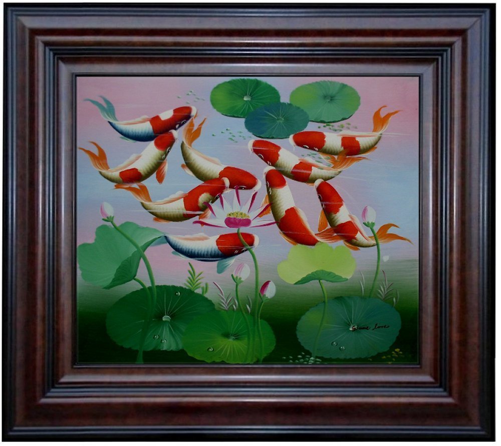 Framed, Quality Hand Painted Oil Painting, Koi Carps in Water Lily Pond 20x24in