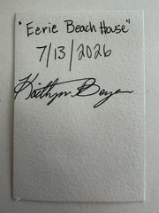 Eerie beach house with red door signed aceo ooak painting 2.25”x3.25”