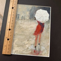 Lady In The Rain Original Acrylic Art Painting Woman Umbrella Red Dress 6.5×4.5”