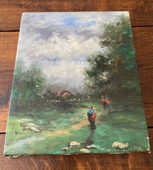 1980’s Oil Painting Landscape Fishing Theme 8x 10