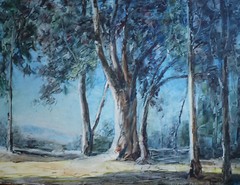 ALFRED DEWEY, LISTED EARLY CALIFORNIA EUCALYPTUS LANDSCAPE PLEIN AIR CALIF OIL