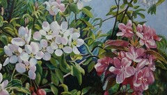 Oil painting Apple trees in bloom, Kyiv park Ukrainian painter original art