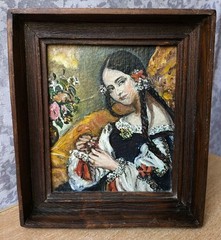 RARE Vintage Oil Painting Girl woman Art Flowers