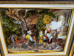 Pierre Bonnet Limoges Enamel on Copper Silver Foil Plaque Village Scene C. 1955