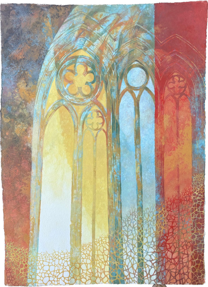 Cathedral Window 17″ x 13 1/2″ Casein Painting-1970s-William Gorman