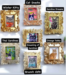 Mini framed whimsical Cat prints of my paintings in vintage style ornate frames