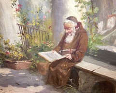 Edwardo Scognamiglio ( Italian 19/20th ) Oil Painting Reading Monk Amalfi Coast