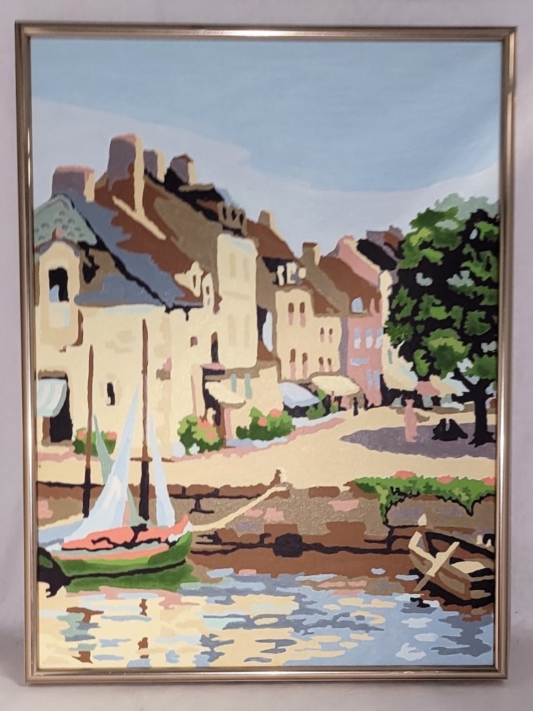 Mid Century Paint By Number Harbor Sailboat Painting in Metal Frame