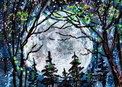 ACEO Original PAINTING Spring TREE Star Night FULL MOON Nature Skyscape ATC ART