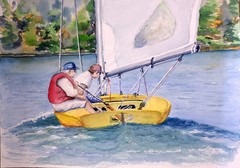 Original Watercolor Painting – Sailboat with Two People, Signed Gary B, Nautical