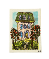 ACEO Original Art Cute Architecture Pink House Front Lawn Trees Greenery OOAK