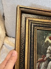 Charming Vintage Or Antique European Folk Art Painting Of Girl With Cat Kitten