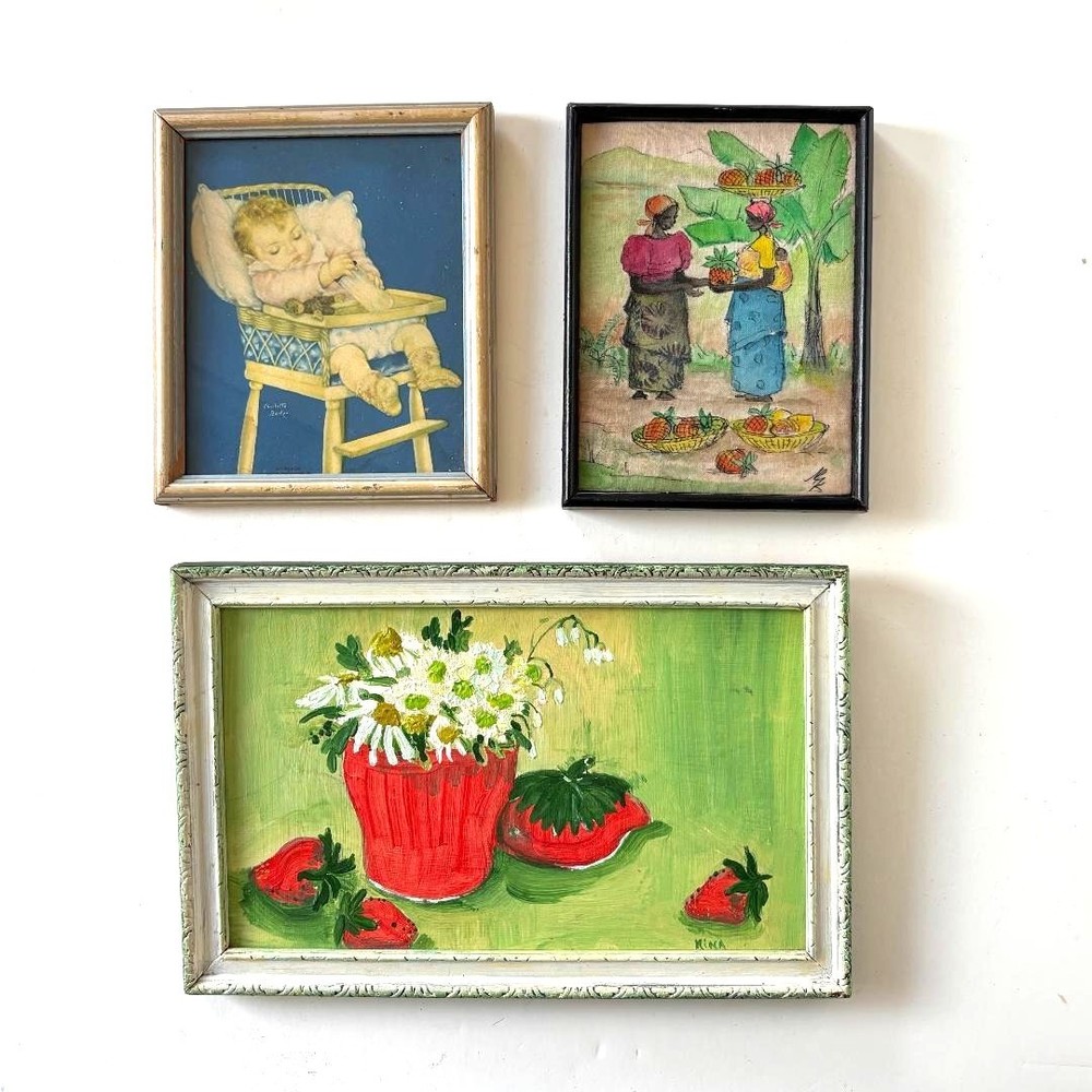Antique 3 piece Gallery Wall Set original paintings and prints, 11 x 7 largest