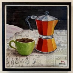 Original Oil Painting Moka Pot & Coffee Cup Still Life Framed Kitchen Art Modern