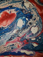 Vintage Abstract Acrylic Pour Painting Blue Red Modern Art