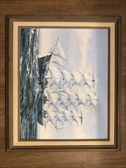 K Maskell Artist Original Signed Oil Painting Clipper Sail Ship w/ Gulls 16×20