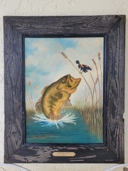 Doris Crew, Florida Artist, Jumping Bass, Oil On Canvas Board Painting