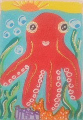 aceo original painting, Octopus, Coral Reef, Ocean, Tidepool, Series, Nautical