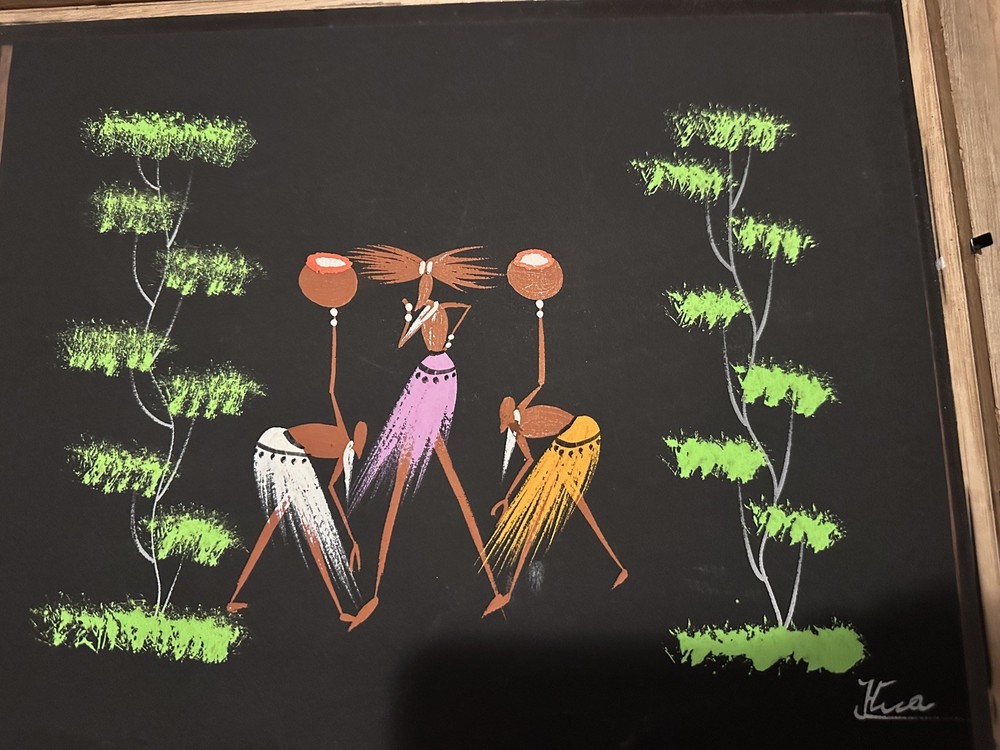 Vintage 60s Nigerian African Painting Mid Century signed drums 11×14 framed