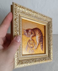 Sweet Sleeping Ginger Cat Framed Original Oil Painting 4×4 in