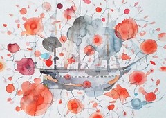 Algas y velero, original watercolor painting on paper, 17 x 23 inches