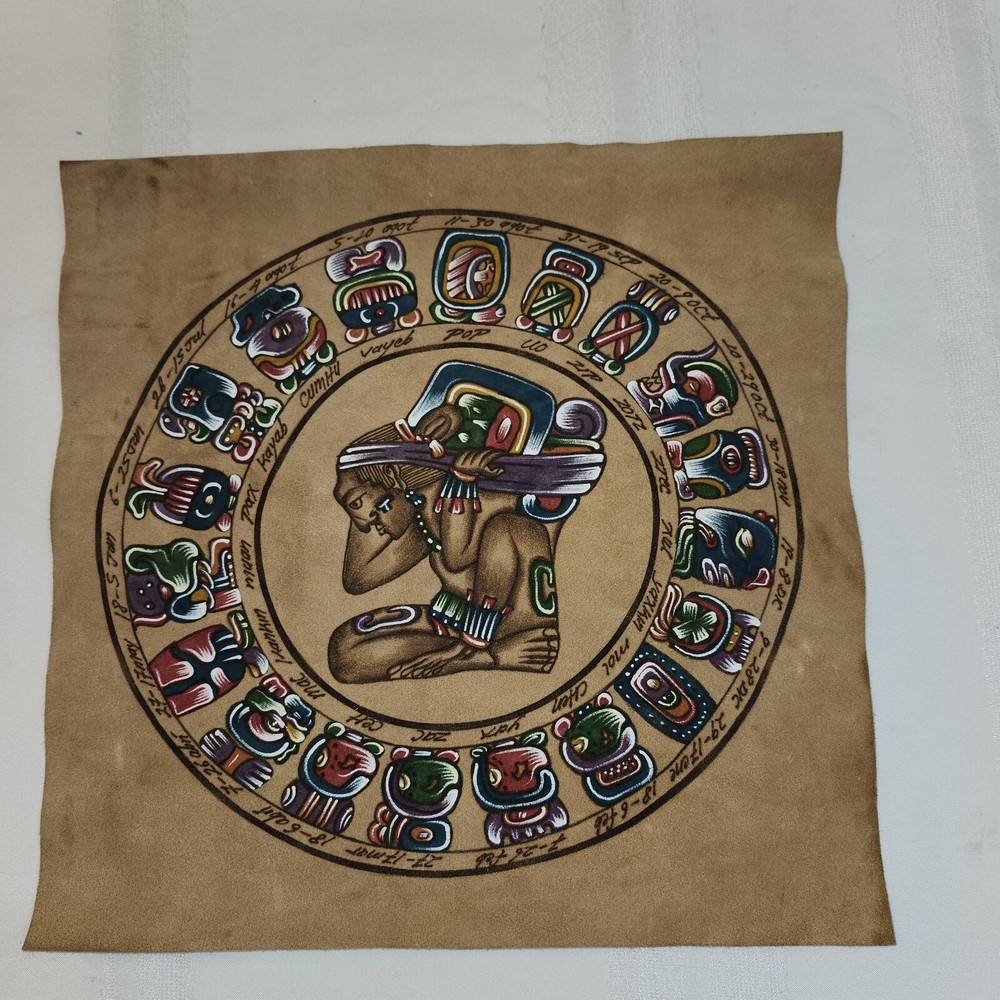 Hand Painted 14″ X 14″ Mayan Solar Calendar Leather Art