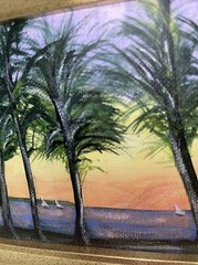 Tropical Landscape Painting Coastal Seascape Palm Trees Ocean sailboats 7.5×6”