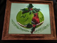 Original Art on Canvas Christmas CARDINAL & Holly, Red, Green, Framed Gift 14×17