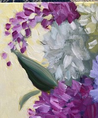 Acrylic Still Life Hydrangeas Lilacs Blue Purple Green Yellow Bold Serene Calm